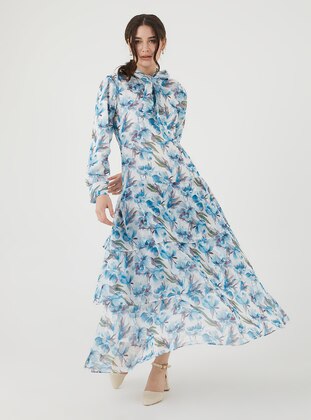 Blue - Multi -  - Fully Lined - Modest Dress - Savewell Woman