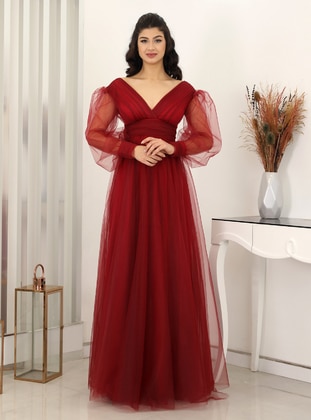 Burgundy - Fully Lined - V neck Collar - Modest Evening Dress - Piennar
