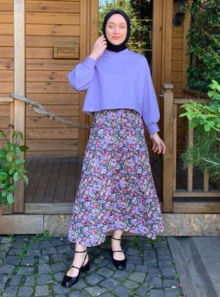Black - Purple - Floral - Unlined - Skirt - Ceylan Otantik