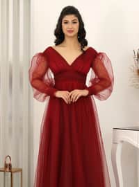 Burgundy - Fully Lined - V neck Collar - Modest Evening Dress
