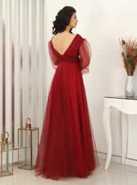 Burgundy - Fully Lined - V neck Collar - Modest Evening Dress