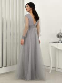Grey - Fully Lined - V neck Collar - Modest Evening Dress