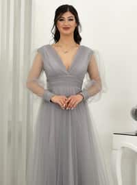 Grey - Fully Lined - V neck Collar - Modest Evening Dress