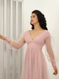 Powder Pink - Fully Lined - V neck Collar - Modest Evening Dress