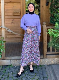 Black - Purple - Floral - Unlined - Skirt