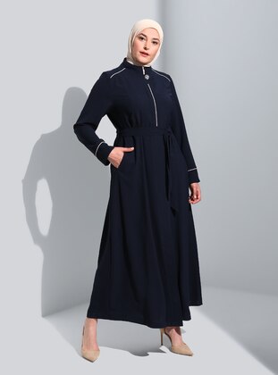 Navy Blue - Unlined - Crew neck - Plus Size Topcoat - Olcay