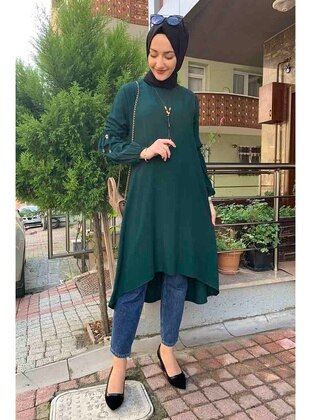 Balloon Sleeve Necklace Detailed Hijab Tunic Emerald