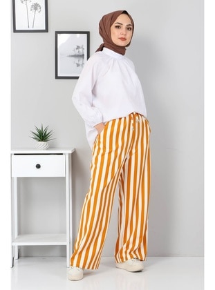 Striped Trousers With Elastic Waistband Mustard