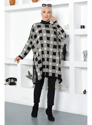 Leather Detailed Sweater Poncho Black 6051
