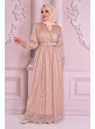 Belt Detailed Lace Evening Dress Cream-Beige Nev14910