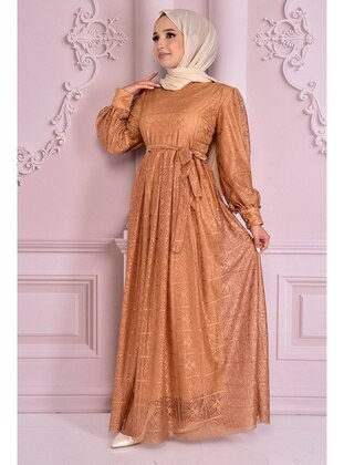 Belt Detailed Lace Evening Dress Mustard Nev14926