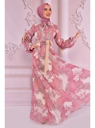 Belt Detailed Chiffon Dress Rose Color Nev14312