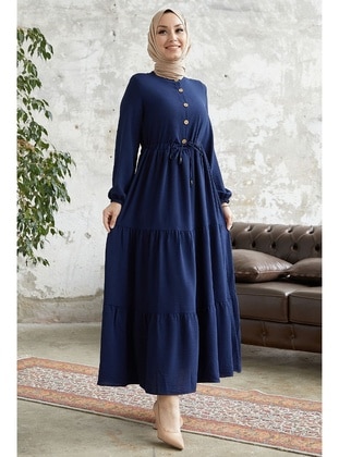 Navy Blue - Button Collar - Unlined - Modest Dress - InStyle