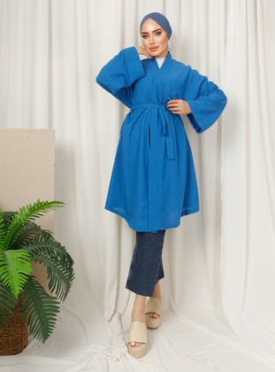 Unlined - Blue - Kimono - SAHRA BUTİK