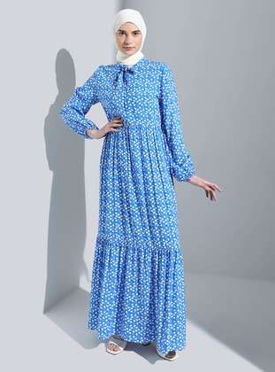 Blue - Heart Print - V neck Collar - Unlined - Modest Dress - Ziwoman