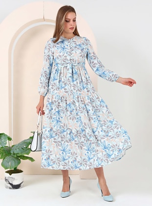 Icy Blue - Multi - Button Collar - Modest Dress - Bwest