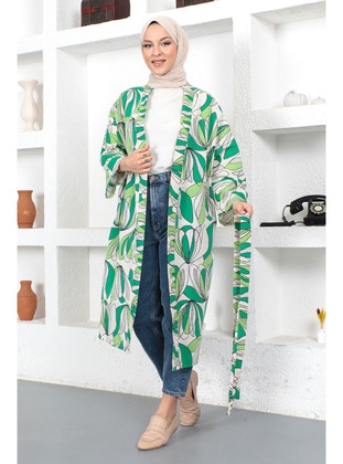Green - Unlined - Crew neck - Kimono - Tesettür Dünyası