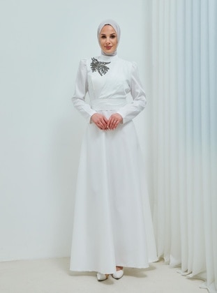 White - Fully Lined - Crew neck - 500gr - Modest Evening Dress - Moda Echer