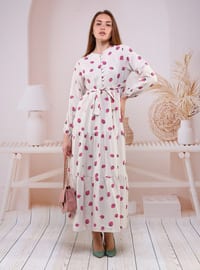 Fuchsia - White - Multi - Button Collar - Modest Dress