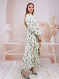 أخضر حديدي - ملون - قبة بأزرار - فستان