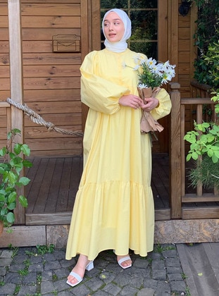 Yellow - Crew neck - Unlined - Modest Dress - Ceylan Otantik