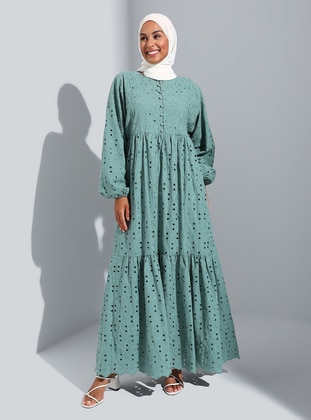 Green Almon - Crew neck - Fully Lined - Modest Dress - Refka