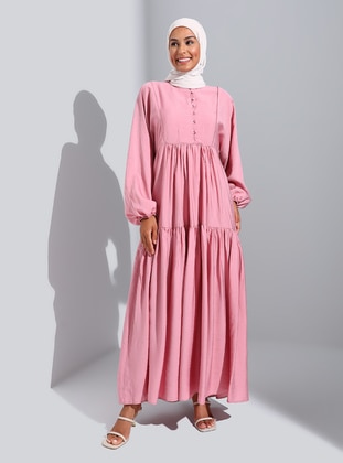 Pink - Crew neck - Unlined - Modest Dress - Refka