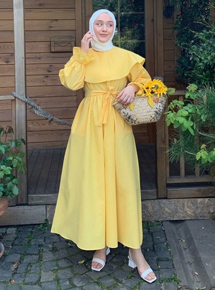 Yellow - Scoop Neck - Unlined - Modest Dress - Ceylan Otantik