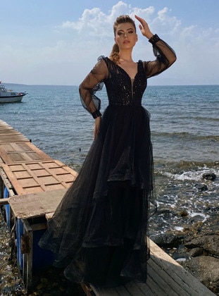 Black - Fully Lined - V neck Collar - Modest Evening Dress - Piennar