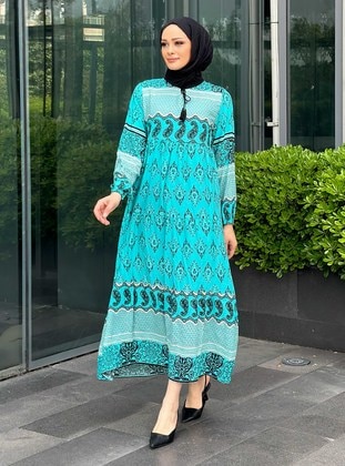 Turquoise - Multi - Unlined - Modest Dress - ZENANE
