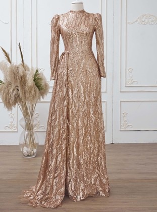 Gold color - Fully Lined - Dog collar - Modest Evening Dress - Aslan Polat