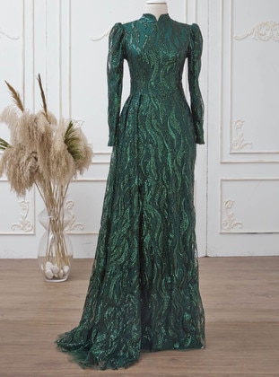 Emerald - Fully Lined - Dog collar - Modest Evening Dress - Aslan Polat