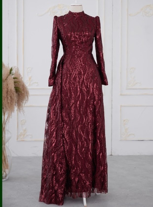 Burgundy - Fully Lined - Dog collar - Modest Evening Dress - Aslan Polat