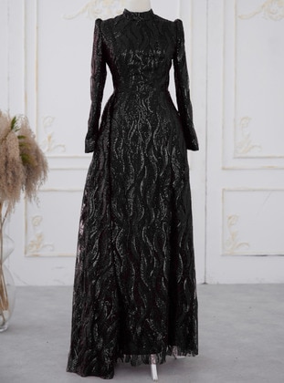Black - Fully Lined - Dog collar - Modest Evening Dress - Aslan Polat