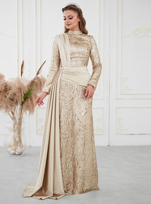 Gold color - Fully Lined -  - Modest Evening Dress - Aslan Polat