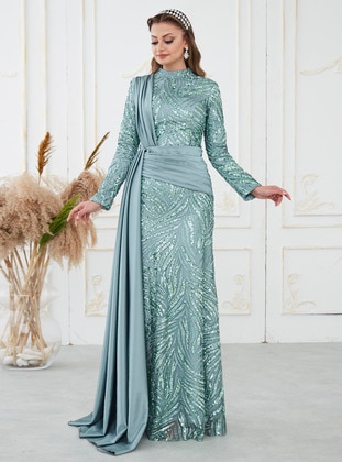 Mint Green - Fully Lined - Dog collar - Modest Evening Dress - Aslan Polat