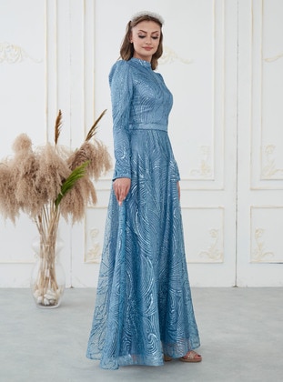 Blue - Fully Lined -  - Modest Evening Dress - Aslan Polat