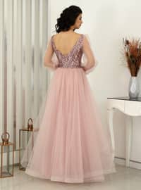 Powder Pink - Fully Lined - V neck Collar - Modest Evening Dress