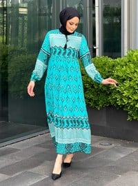 Turquoise - Multi - Unlined - Modest Dress