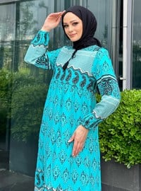 Turquoise - Multi - Unlined - Modest Dress