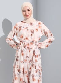 Cream - Coffee Brown - Multi - Crew neck - Fully Lined - Modest Dress