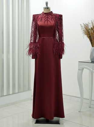 Burgundy - Fully Lined - Crew neck - Modest Evening Dress - Rana Zenn