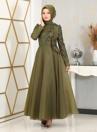 Olive Green - Fully Lined - Crew neck - Modest Evening Dress - Piennar