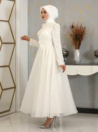White - Fully Lined - Crew neck - Modest Evening Dress