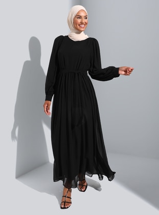 Black - Floral - Crew neck - Fully Lined - Modest Dress - Refka