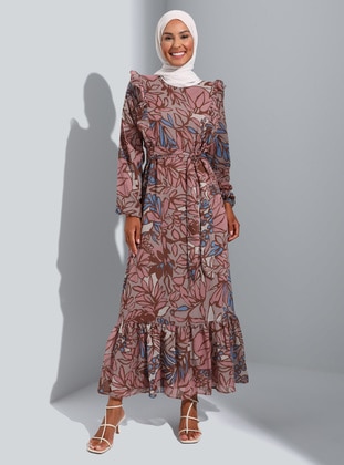 Dusty Rose - Floral - Crew neck - Fully Lined - Modest Dress - Refka