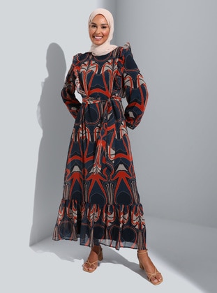Petrol - Floral - Crew neck - Fully Lined - Modest Dress - Refka