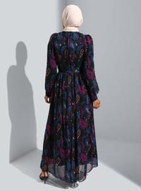 Black - Ecru - Floral - Crew neck - Fully Lined - Modest Dress