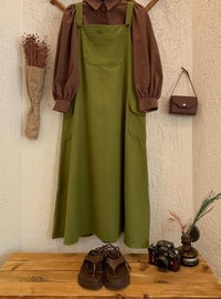 أخضر زيتوني - قبة مربعة - نسيج غير مبطن - فستان