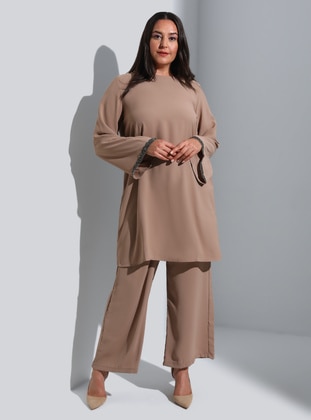 Latte - Double-Breasted - Unlined - Plus Size Evening Suit - Alia